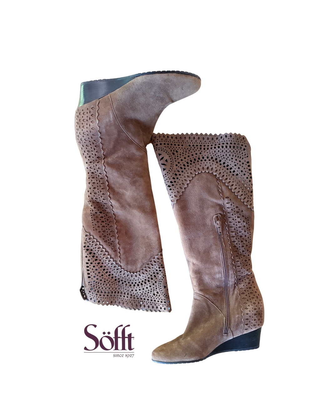 EUC Laser Cut Suede Wedge Knee High Boots